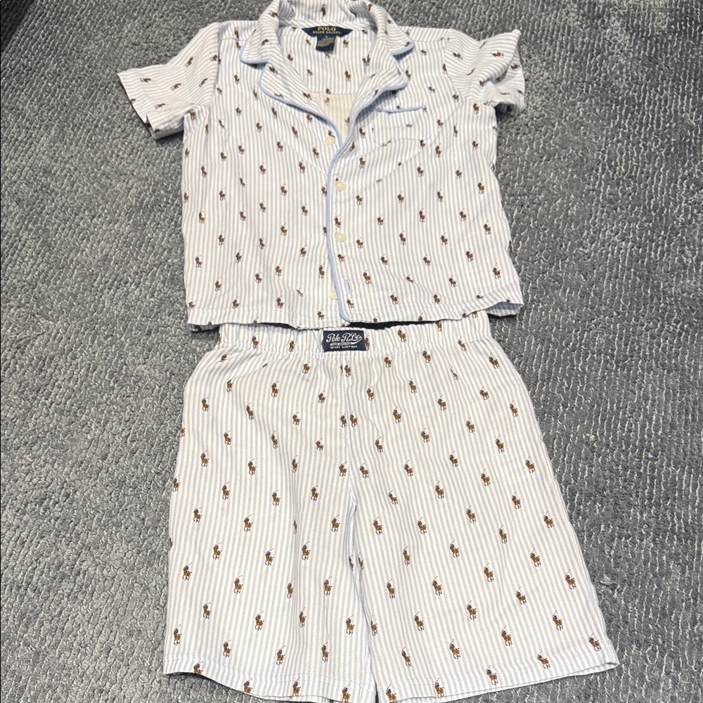 Polo by Ralph Lauren White and Blue Striped Kids Pajama Set with Motif size 8